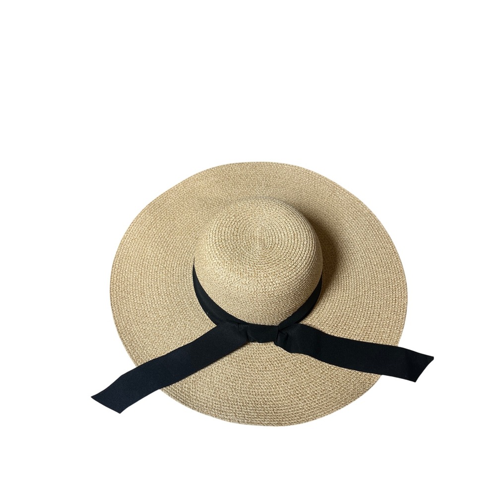 FURTALK Wide Brim Paper Straw Sun Hat Black Ribbon Bow Beach Medium M